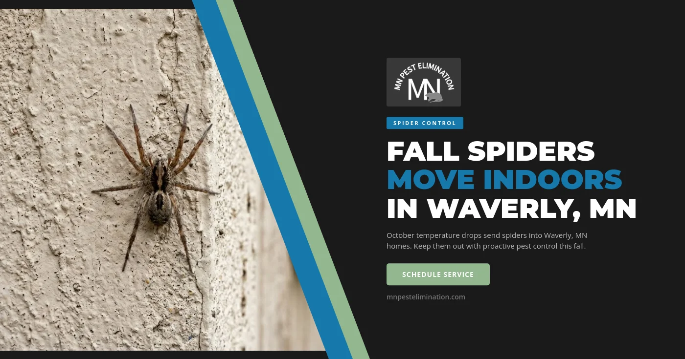 Spider control Waverly MN — a brown wolf spider on the concrete floor of a Wright County basement in early October as cooling Minnesota temperatures drive the fall interior push, handled by MN Pest Elimination fall spider service